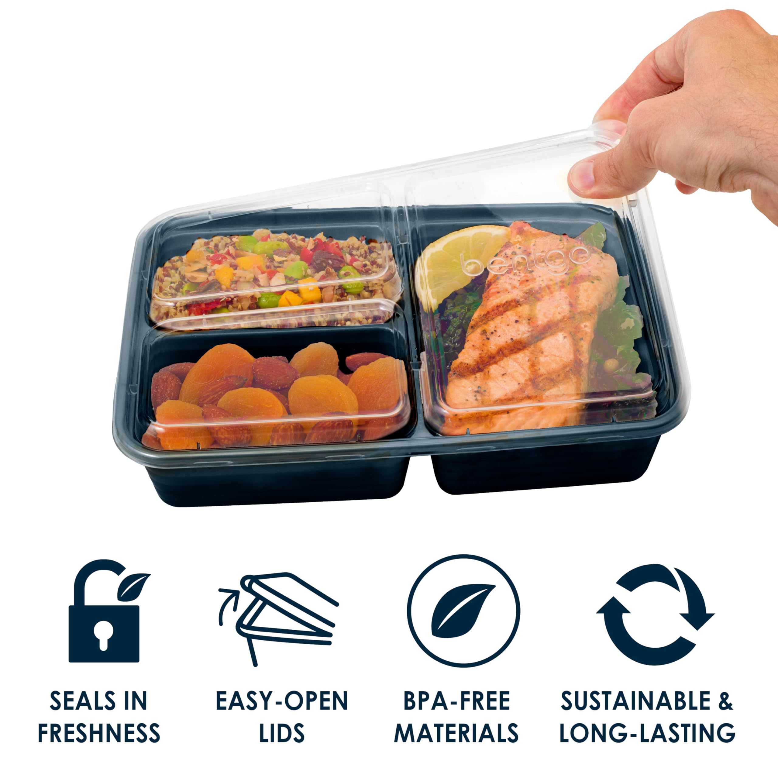 Bentgo 20-Piece Lightweight, Durable, Reusable Bpa-Free 3-Compartment Containers - Microwave, Freezer, Dishwasher Safe - Navy Bl